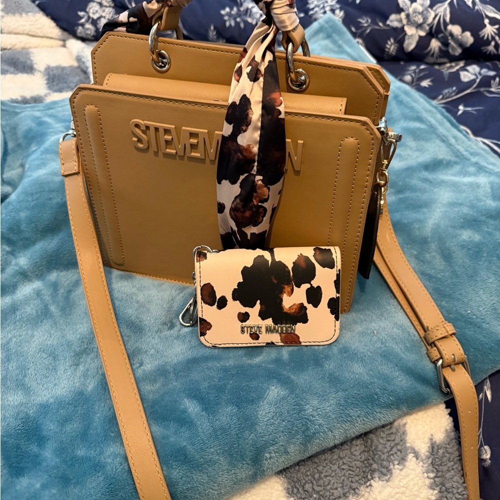 Steve Madden Tan Leather Shoulder Bag with Cow Print Cardholder